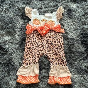 Boutique Leopard Print Pumpkin Ruffle Jumpsuit